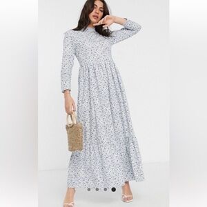ASOS Floral High-Neck Long Sleeve Maxi prairie Dress - White/Blue size 14.